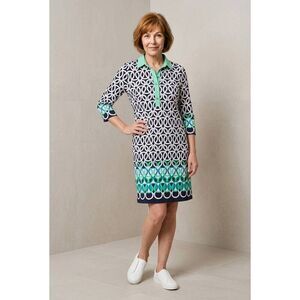 🔹️Sandra Darren Blue & White Geometric 3/4 Sleeve Dress Size 6
